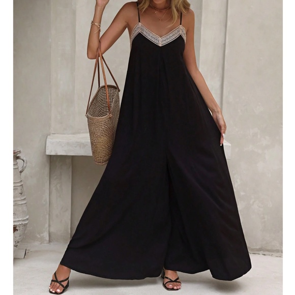 Boho Black Lace Wide Leg Comfy Fit Wide leg Jumpsuit - Picture 1 of 4